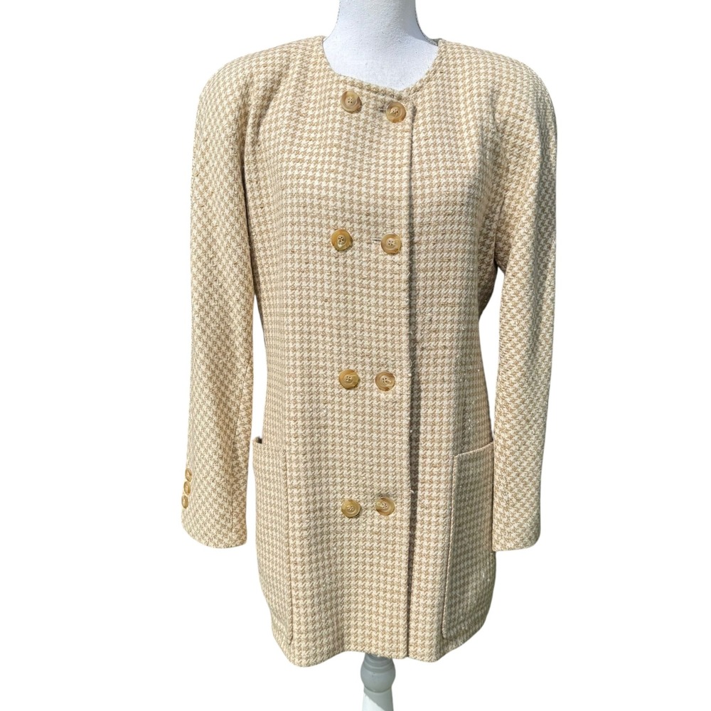 Escada Margaretha Ley Vintage Wool Houndstooth Blazer Jacket Tan Cream Size 34